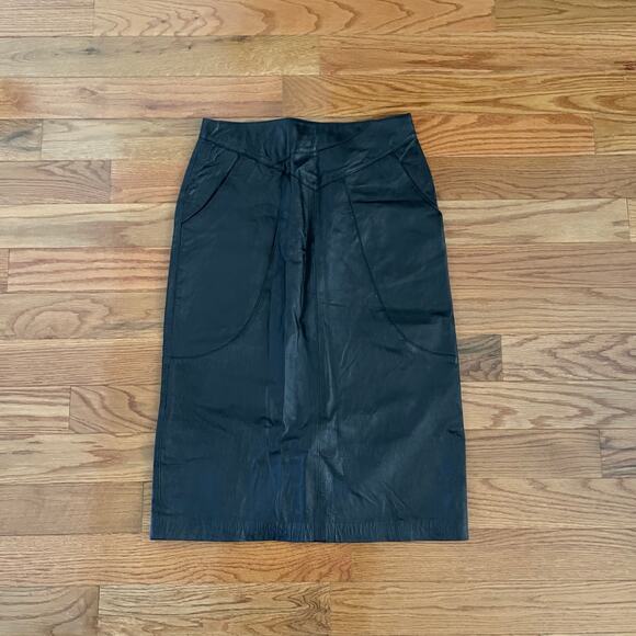 Vintage Leather Midi Skirt Womens 14 Black 80s Mod Retro Classic Modest Length - Picture 1 of 10